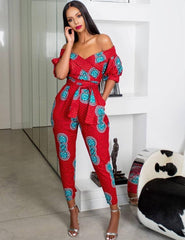 TrendyNelly™ Off-Shoulder V Neck Jumpsuit Ankara