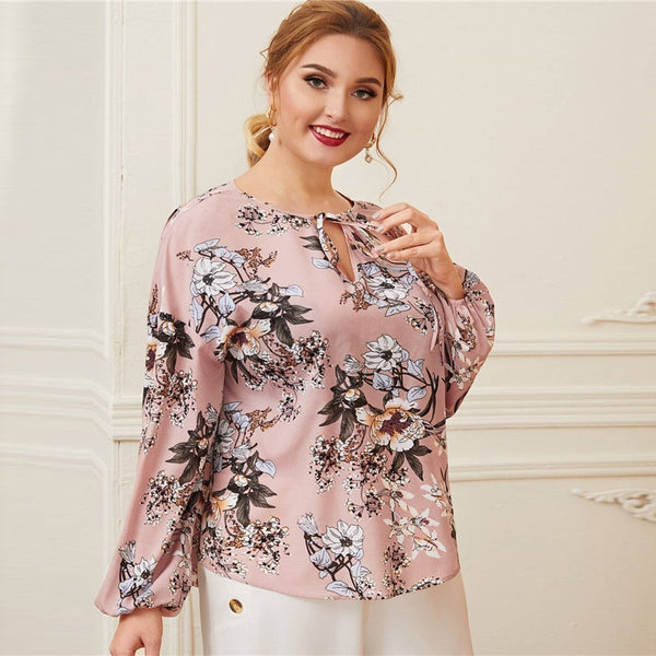 TrendyNelly™ Pink Keyhole Botanical Blouse