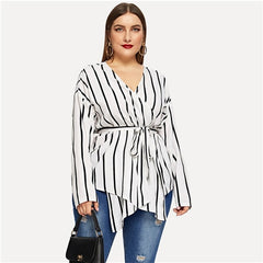 TrendyNelly™ Asymmetrical V-neck Belted Striped Blouse