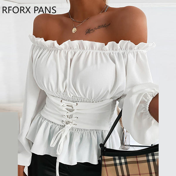 Off Shoulder Lace-up Front Ruffles Casual  Blouse Plus Size Tops Spring Tops and Blouses