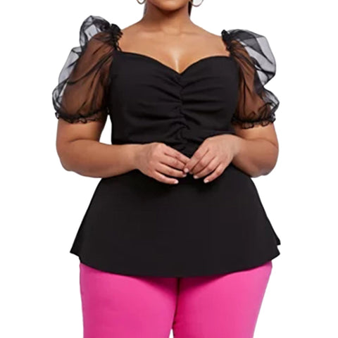 TrendyNelly™ Black Organza Puff Sleeve Plus Size