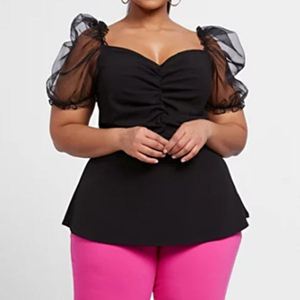 TrendyNelly™ Black Organza Puff Sleeve Plus Size